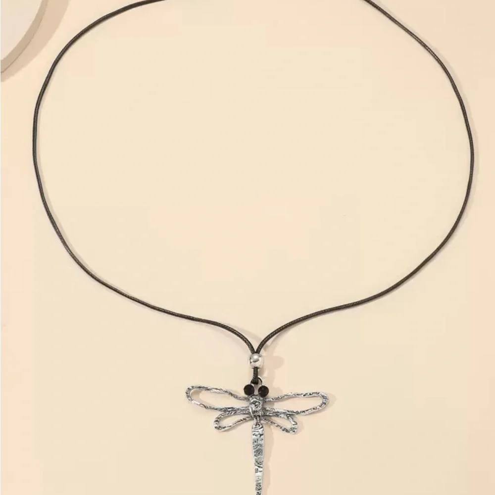 NWT Silver Dragonfly Pendant Necklace Black Cord Boho Nature Statement 27.5”+Ext